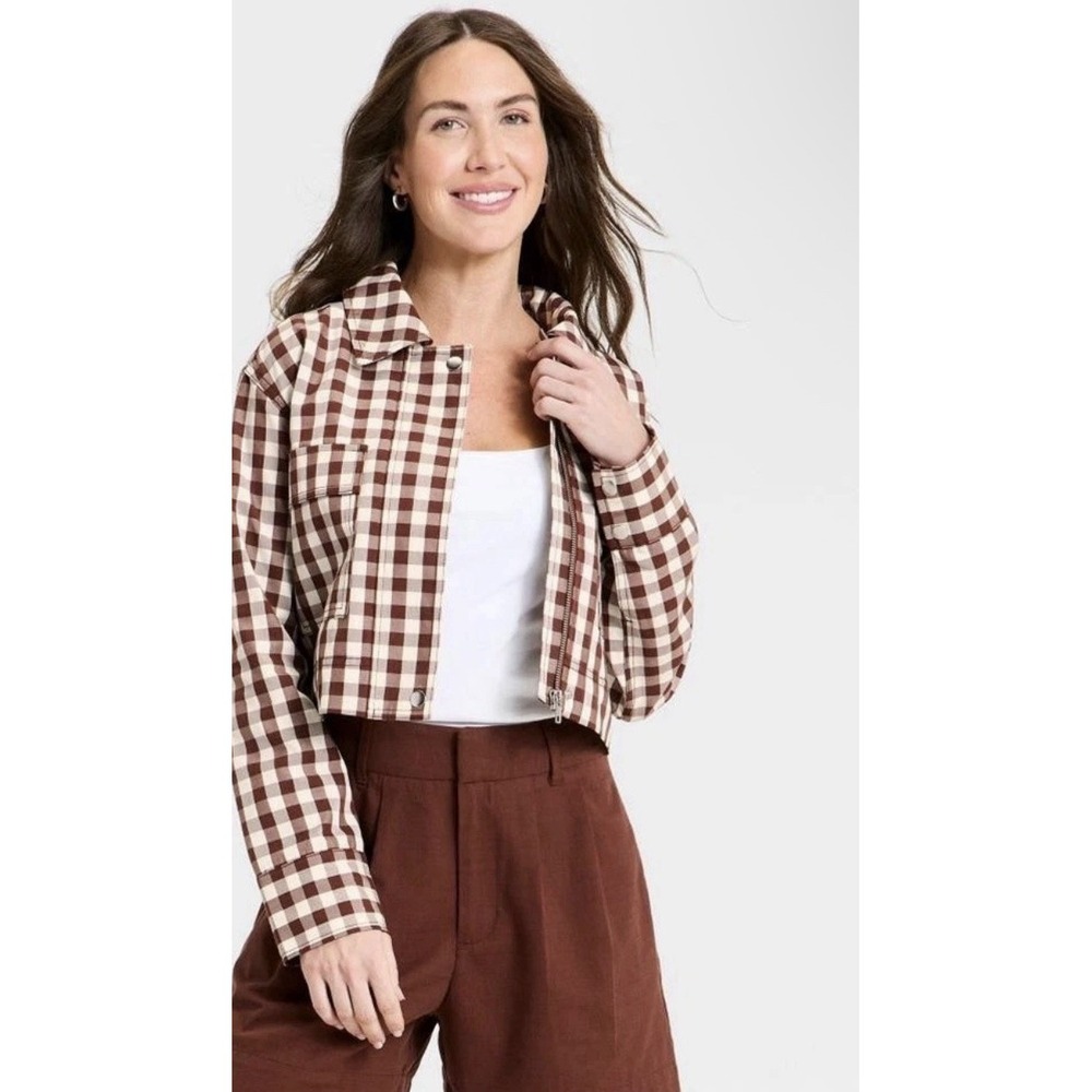 Women's Transitional Cropped Jacket - A New Day Brown Gingham Size XL